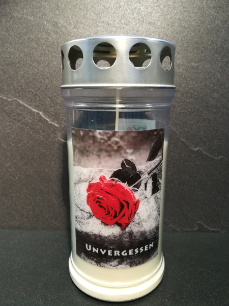 JEKA 4 Tage Grabkerze, Motiv: Rose auf Stein "Unvergessen"